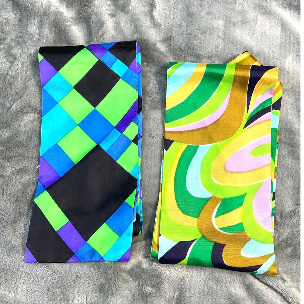 Vintage 1960s Lot 2 Polyblend Scarves Mod Colors Diamond Swirl Pattern 45x5